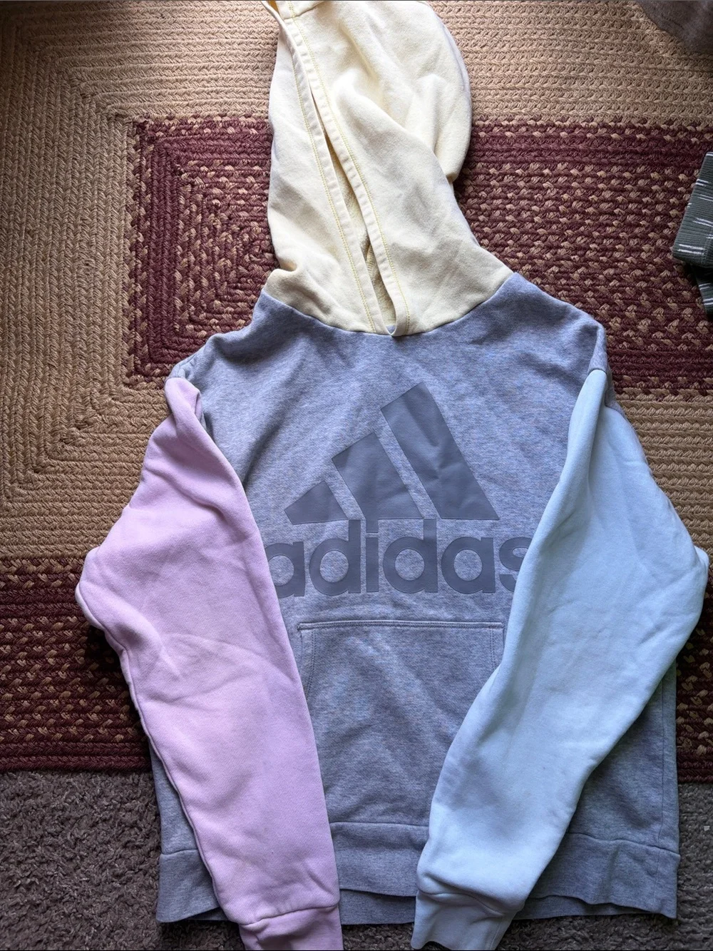 adidas Grey Pullover Hoodie with Pastel Pink & Blue Sleeves